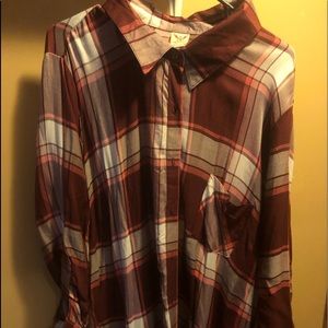 Maroon, pink and white plaid dress shirt